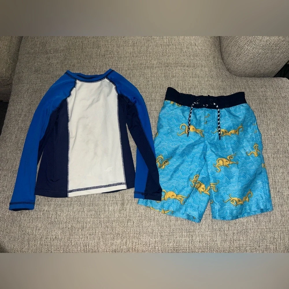 Boys size 5T swim trunks and rash guard top